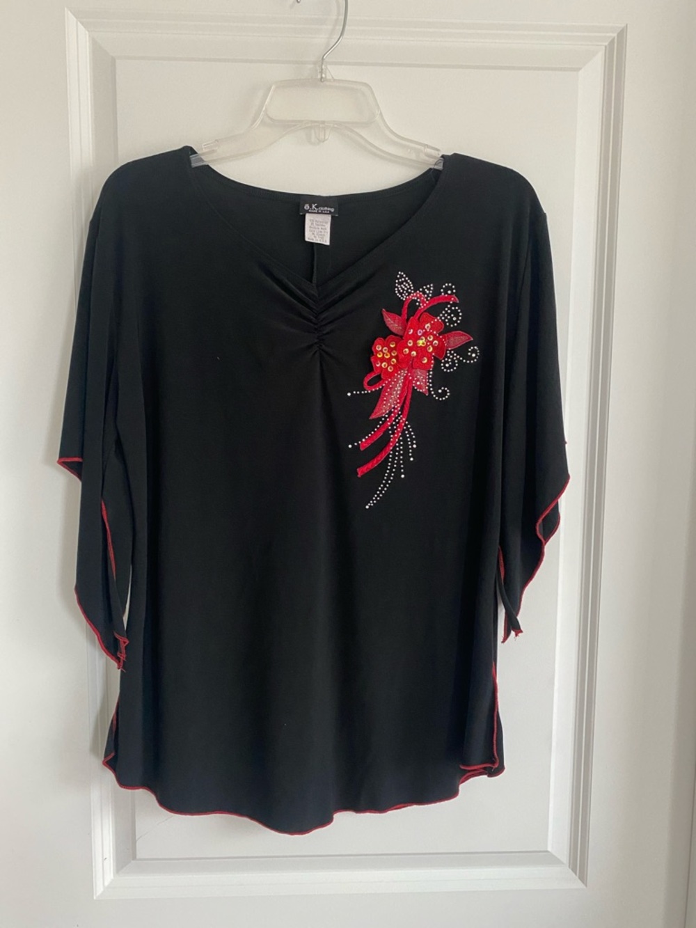 E.k Clothing ballroom dance practice wear w/Red Floral Rhinestone Accent